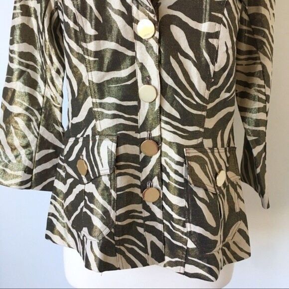 Caché Linen & Cotton Gold Metallic Zebra Print Belted Blazer Size Small - Picture 3 of 8